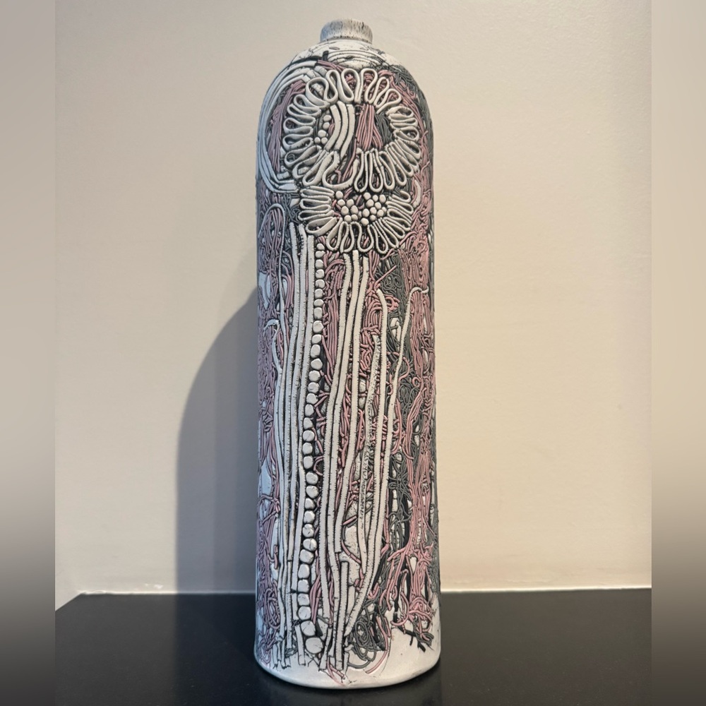 Vintage Porcelain Art Sculpture/ Vase by Romilla Batra - White/Pink/Gray Signed